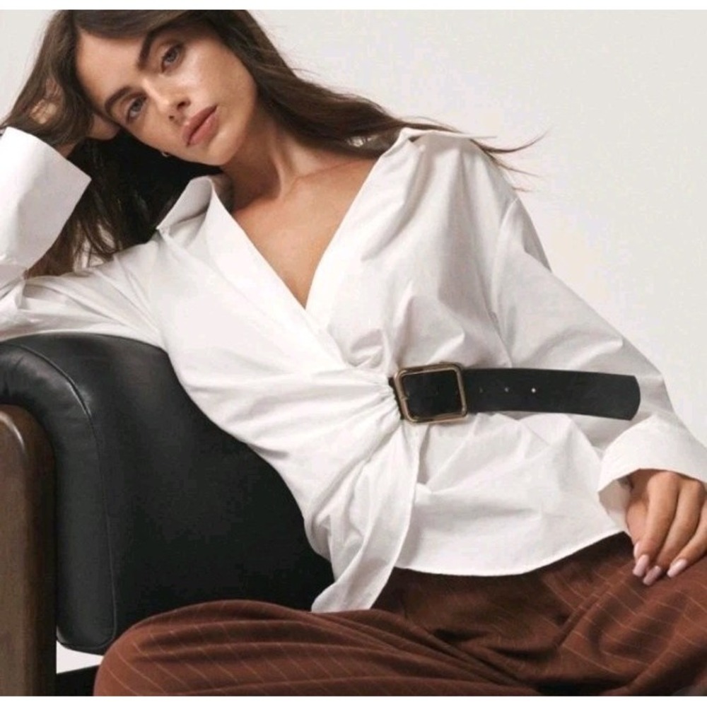 New with flaw Anthropologie Wrap Belted White Cotton Blouse Top Size XXS Classic